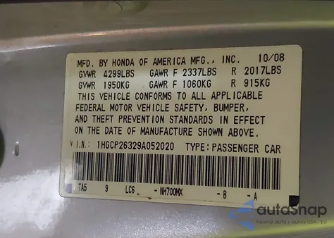 2009 Honda Accord 2.4 Lx from USA, damaged, VIN 1HGCP26329A052020